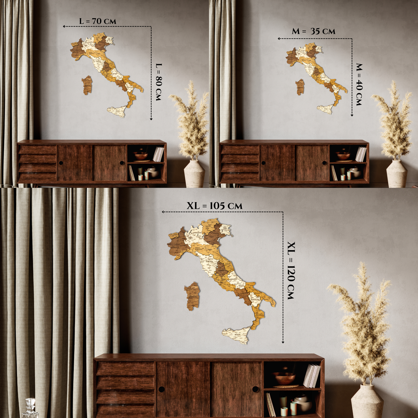 Brown Italian map wall art with measurements on a gray wall.