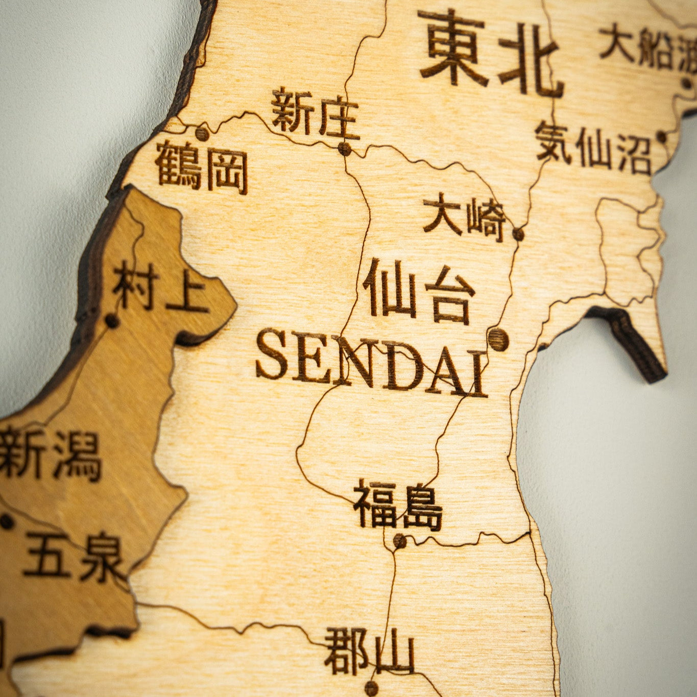 Wooden map of Japan with a focus on Sendai