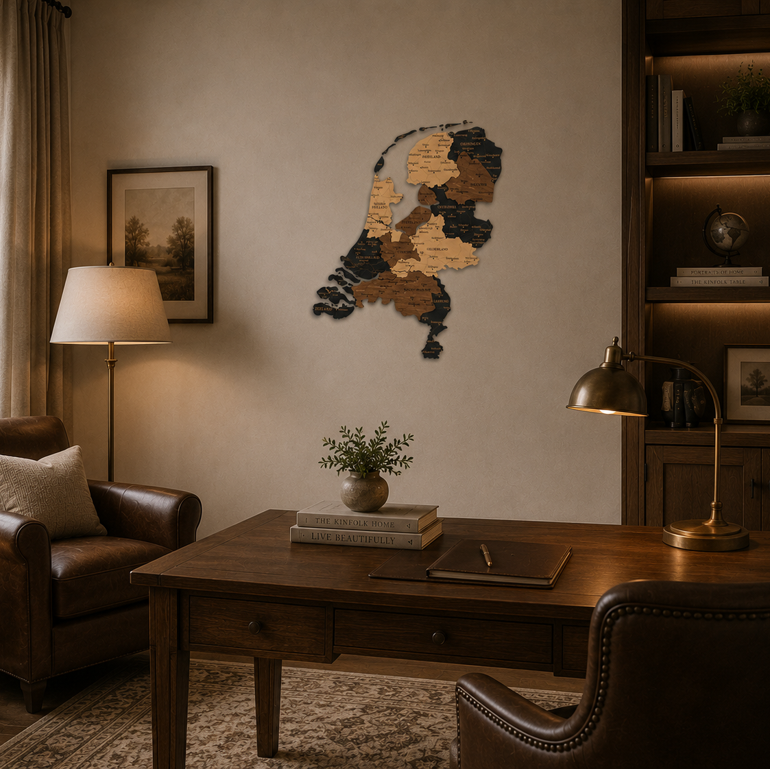 Cozy living room with wooden wall art of a netherlands map, brown leather chairs, and a wooden desk.