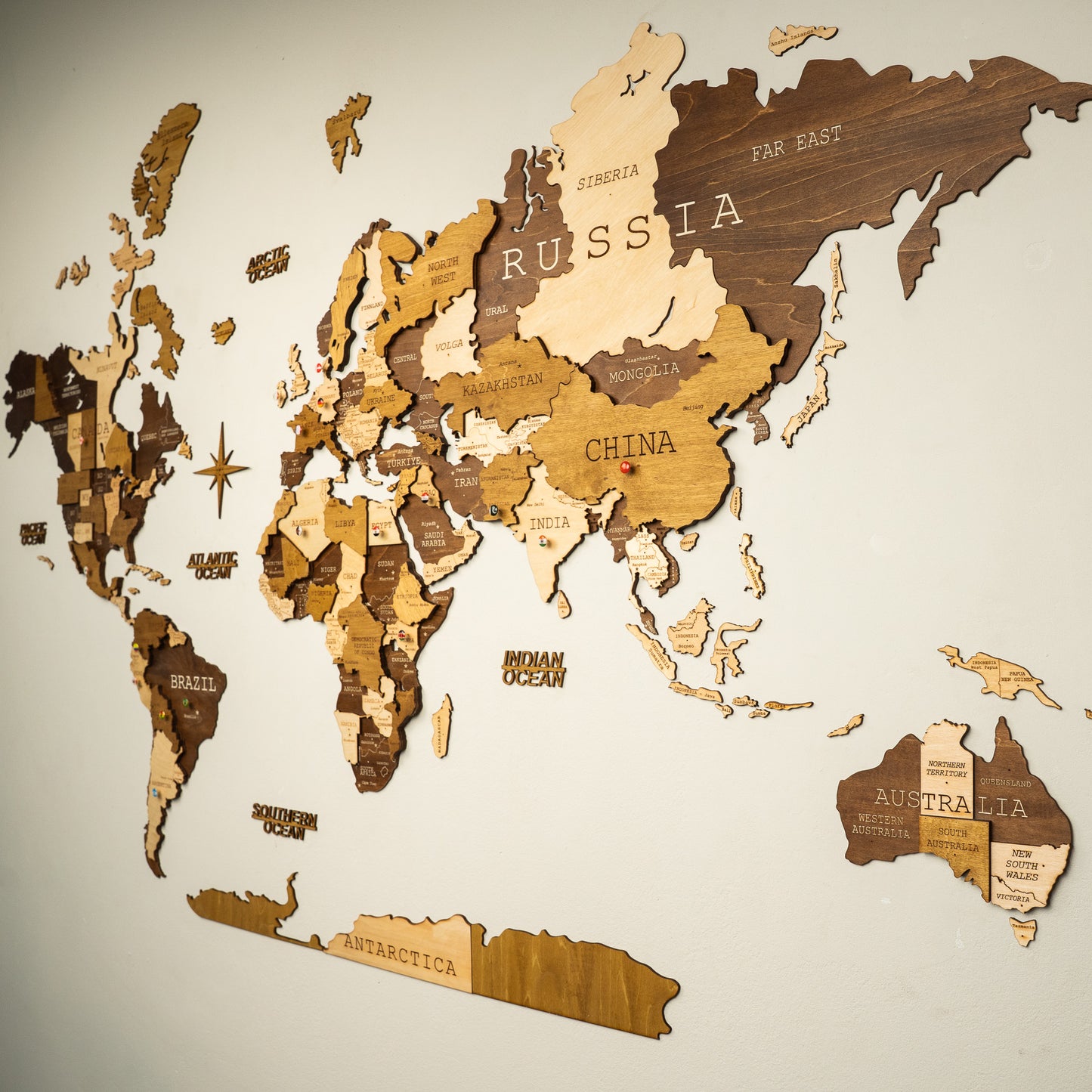 3D World Map (Midnight Oak Brown)