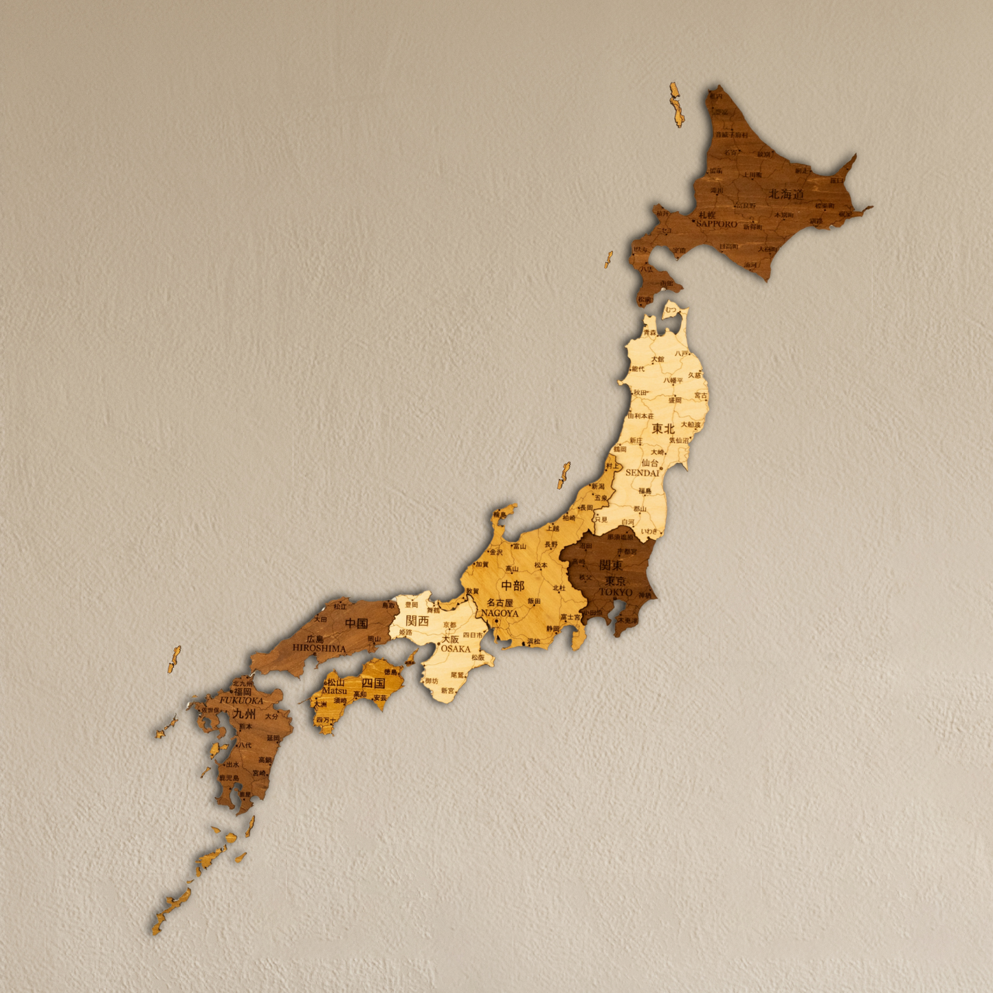 Wooden map of Japan on a beige background
