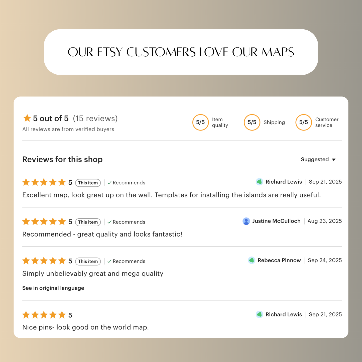 Product reviews for a shop on Etsy with five-star ratings and positive comments.