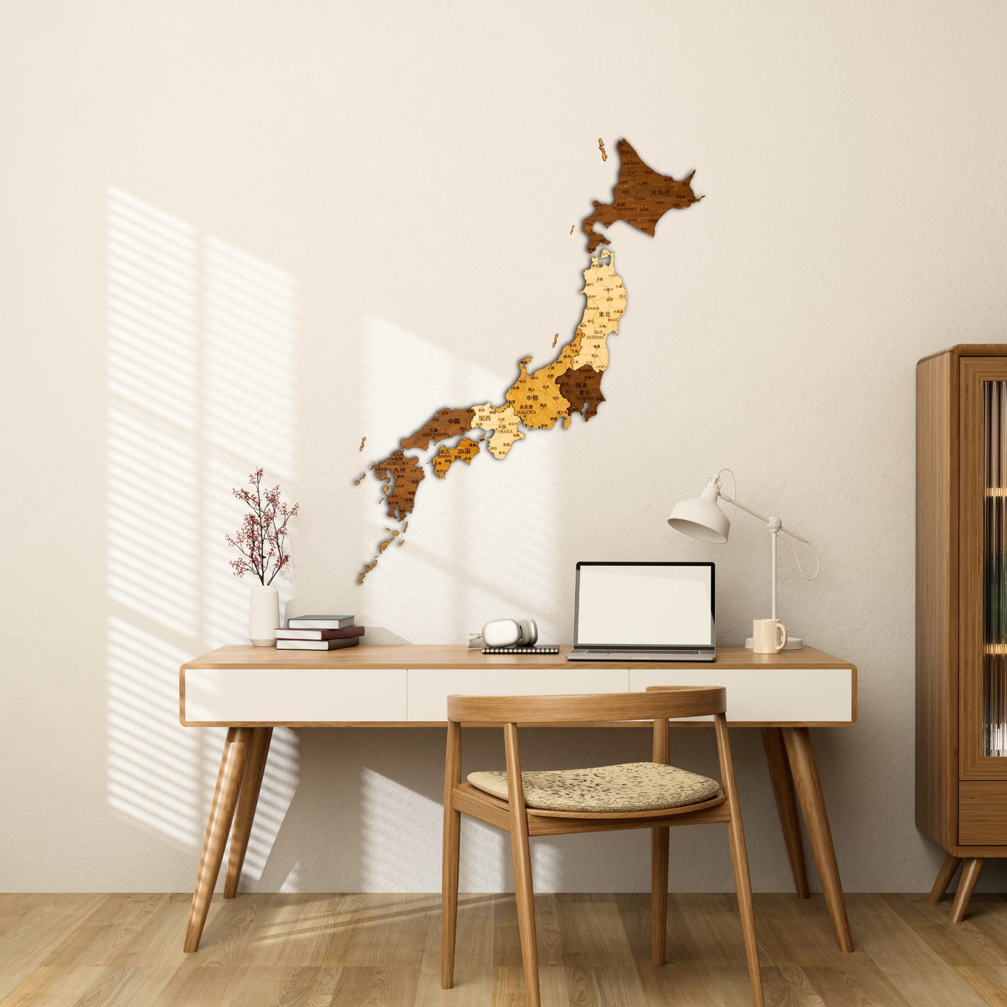Wooden wall decoration shaped like a world map in a room with a desk and chair.