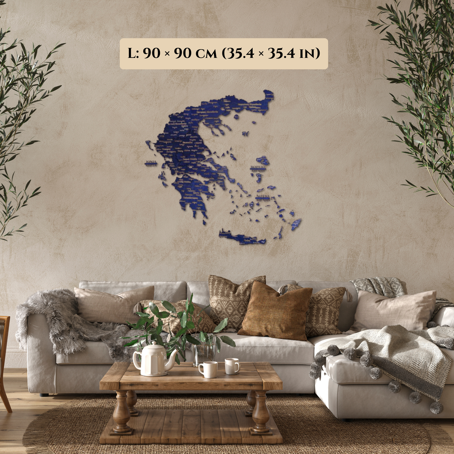 Living room with a blue wooden map of greece and a sofa.