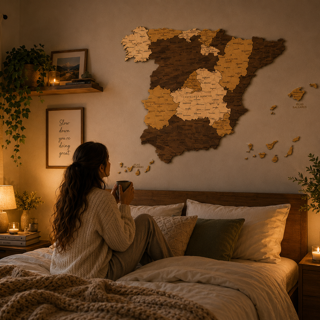 Woman sitting on a bed in a cozy bedroom with a map of Spain on the wall.