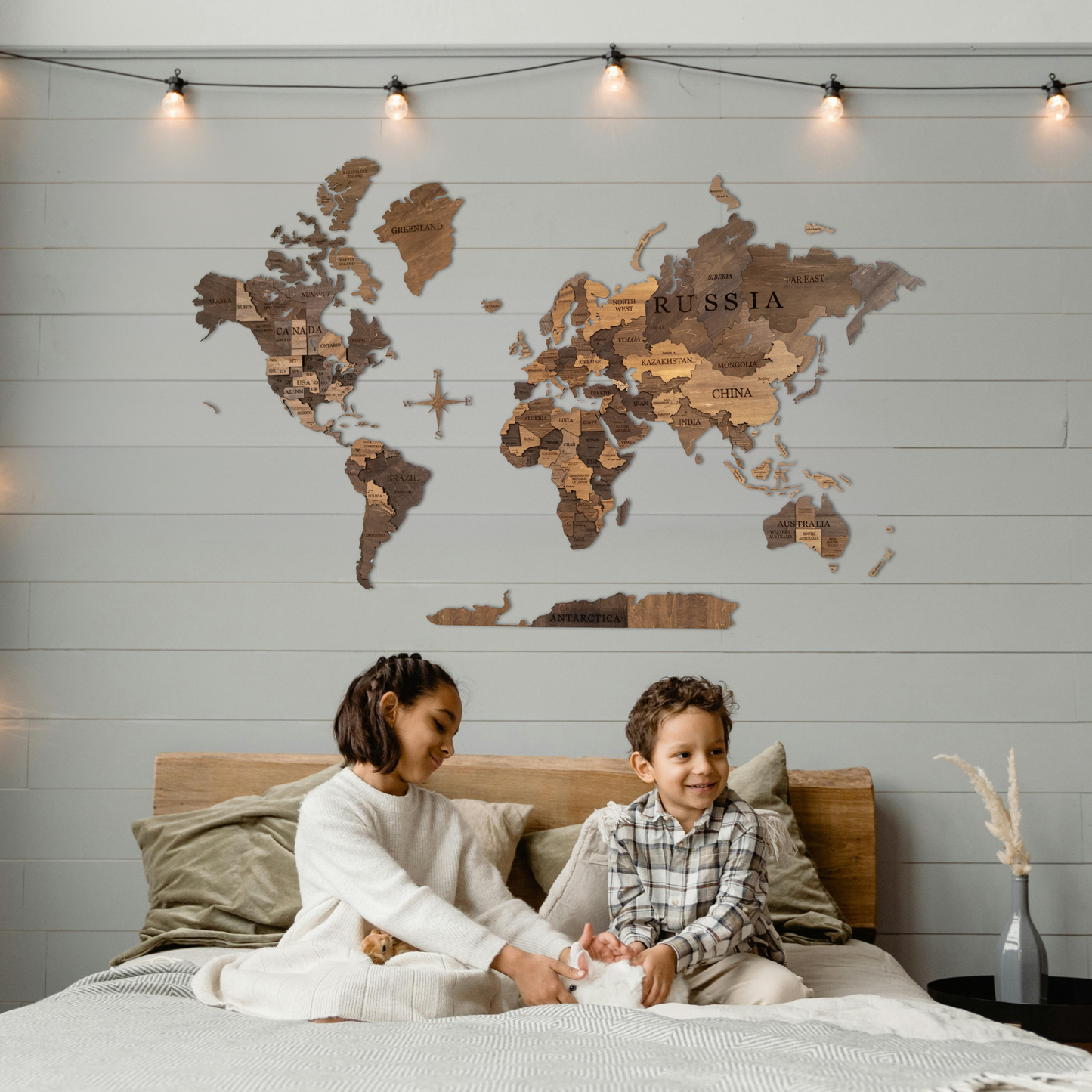 English Oak Multicolor 3D World Map (English Oak tones)