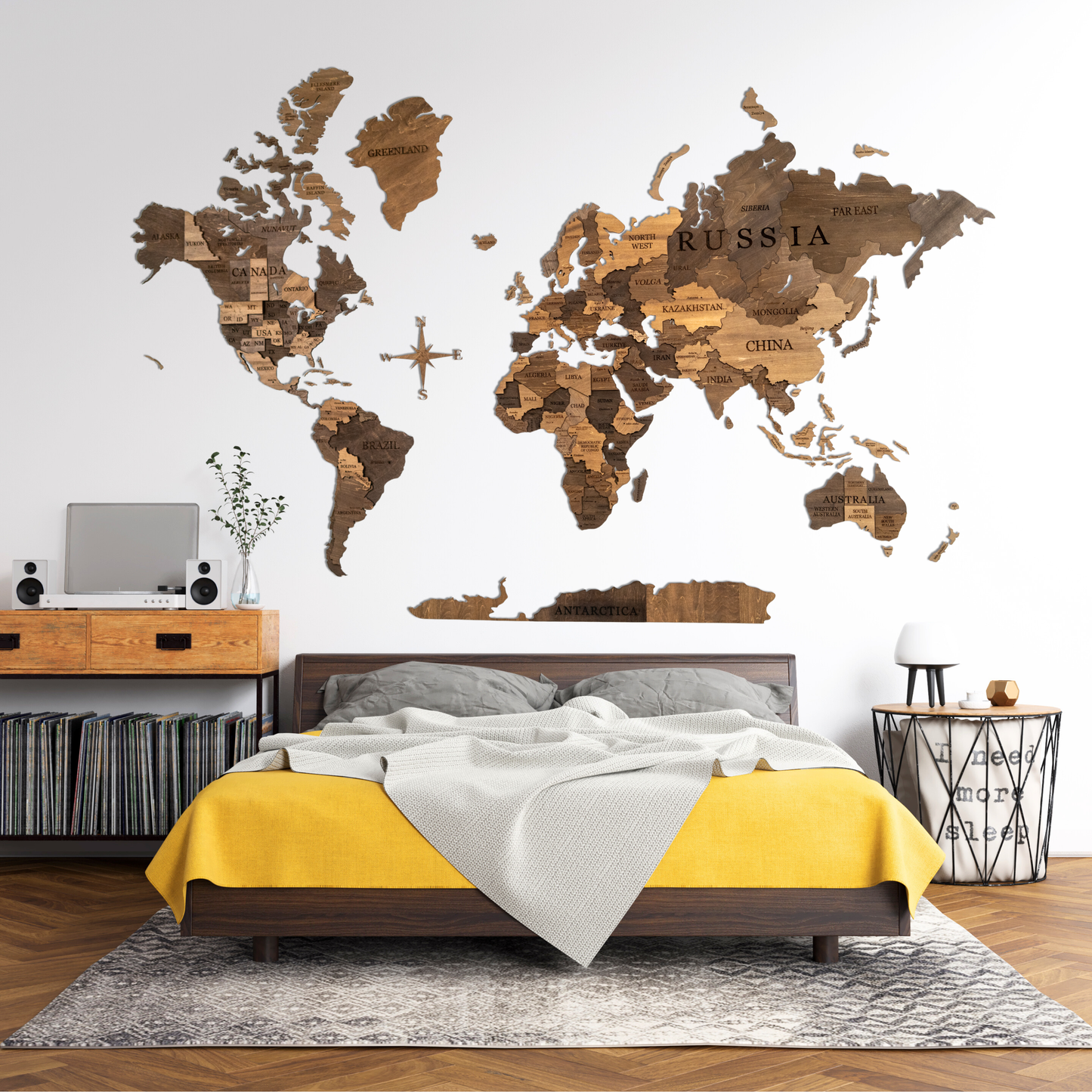 English Oak Multicolor 3D World Map (English Oak tones)