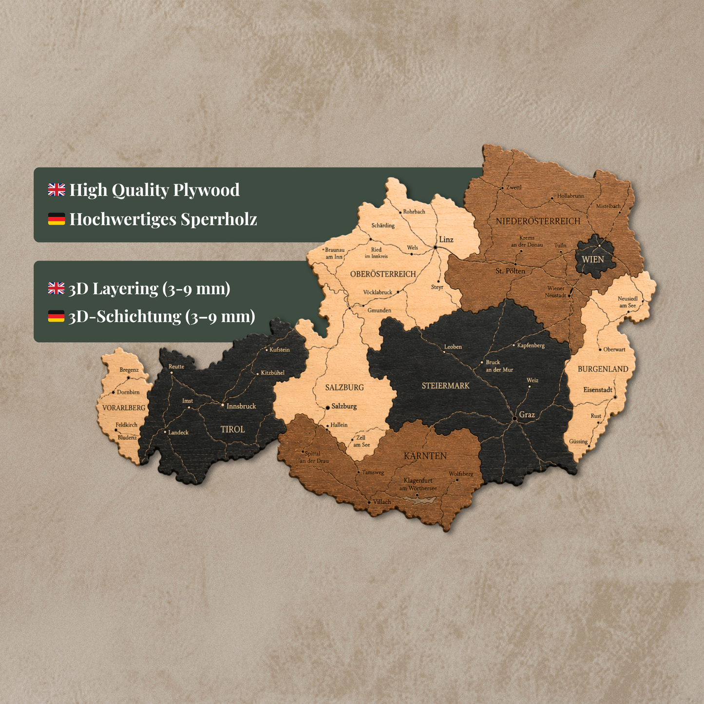 🇦🇹 Austria 3D Wooden Map