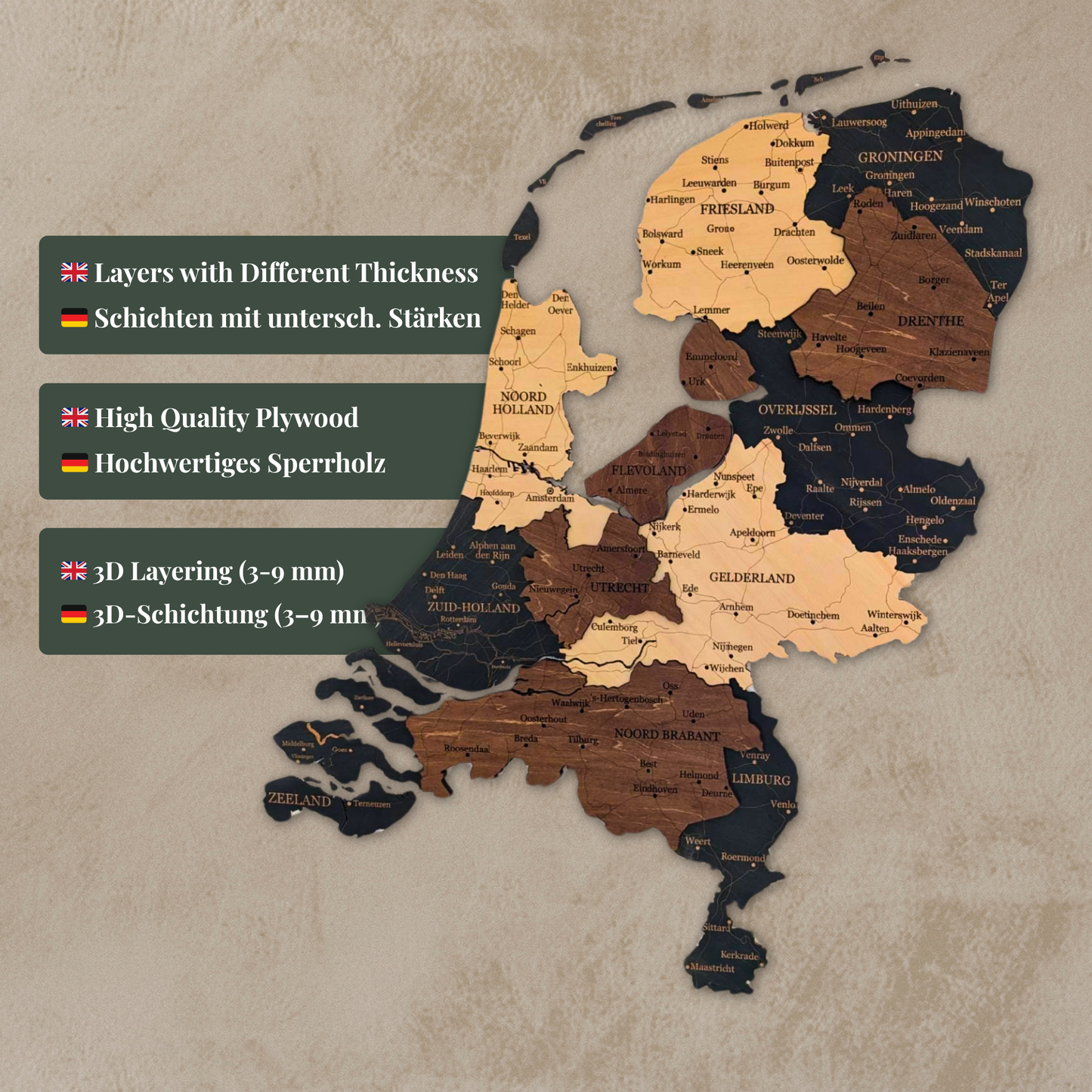 🇳🇱 Netherlands 3D Wooden Map