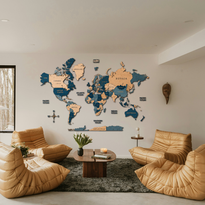Ocean Blue 3D World Map (Blue & White tones)