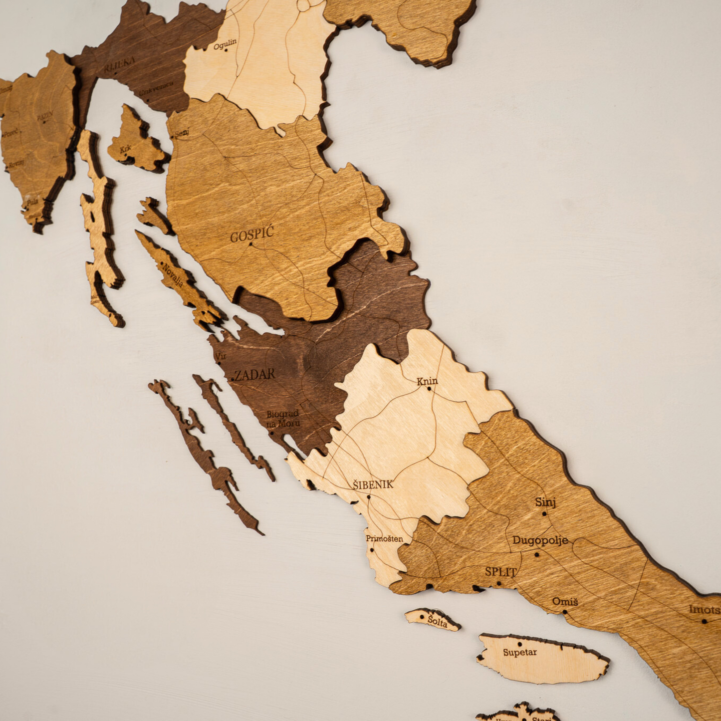 3D Wooden Map of Croatia with multilayer birch wood design hanging on a wall