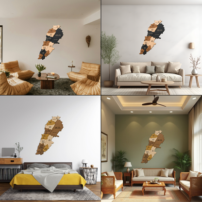 3D Wooden map of Lebanon in various room settings including a living room, bedroom, and office.