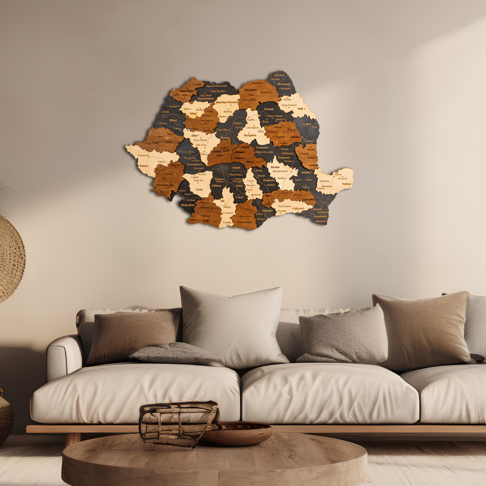 3D Wooden wall art of Romania Map on a wall above a sofa in a living room.