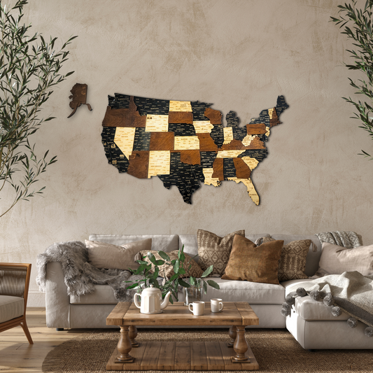 Living room with a decorative wooden map of the United States on the wall.
