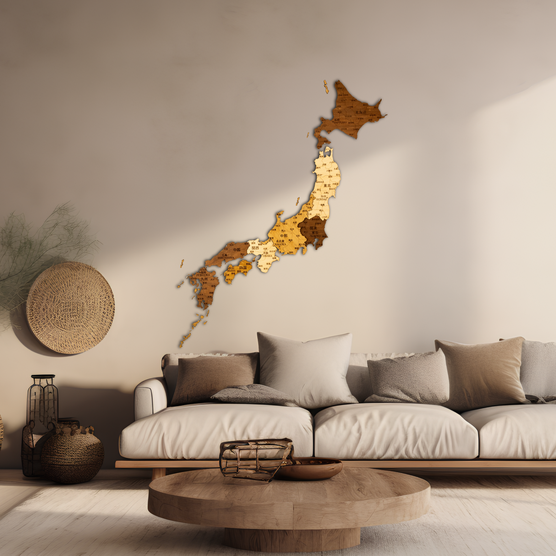 Living room with a wall-mounted wooden map of Japan, a sofa, and a round wooden coffee table.