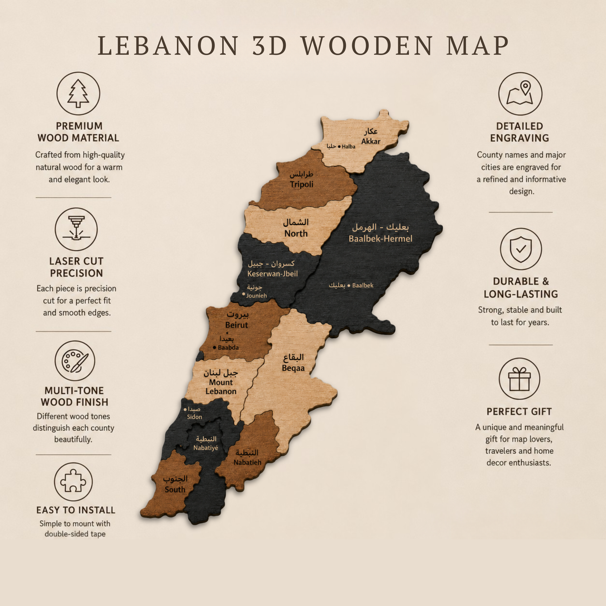 3D wooden map of Lebanon with descriptive text on a beige background
