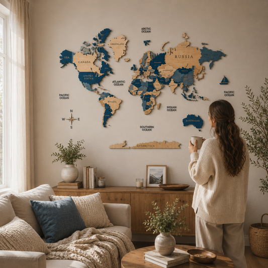 Ocean Blue 3D World Map (Blue & White tones)