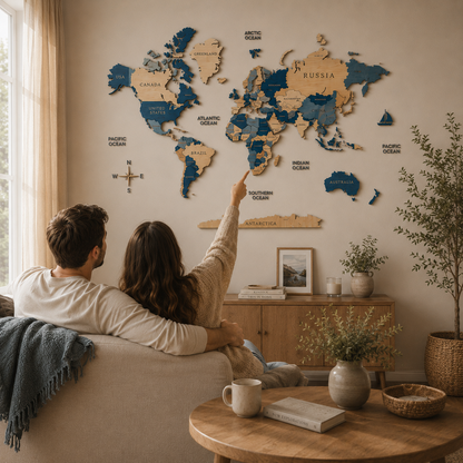 Ocean Blue 3D World Map (Blue & White tones)