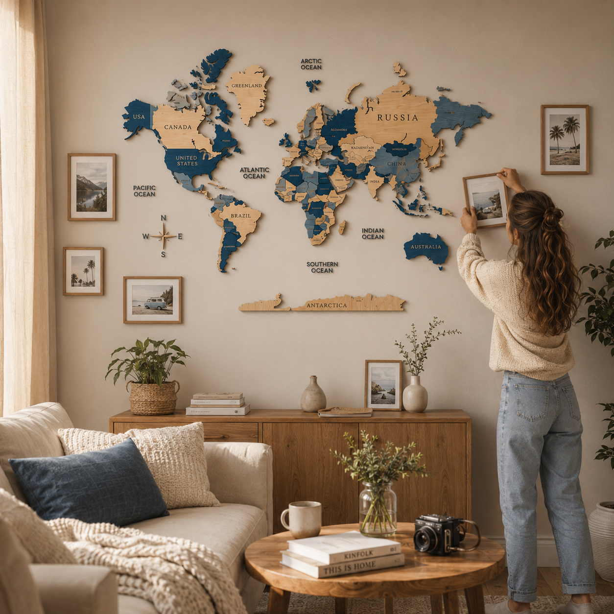 Ocean Blue 3D World Map (Blue & White tones)