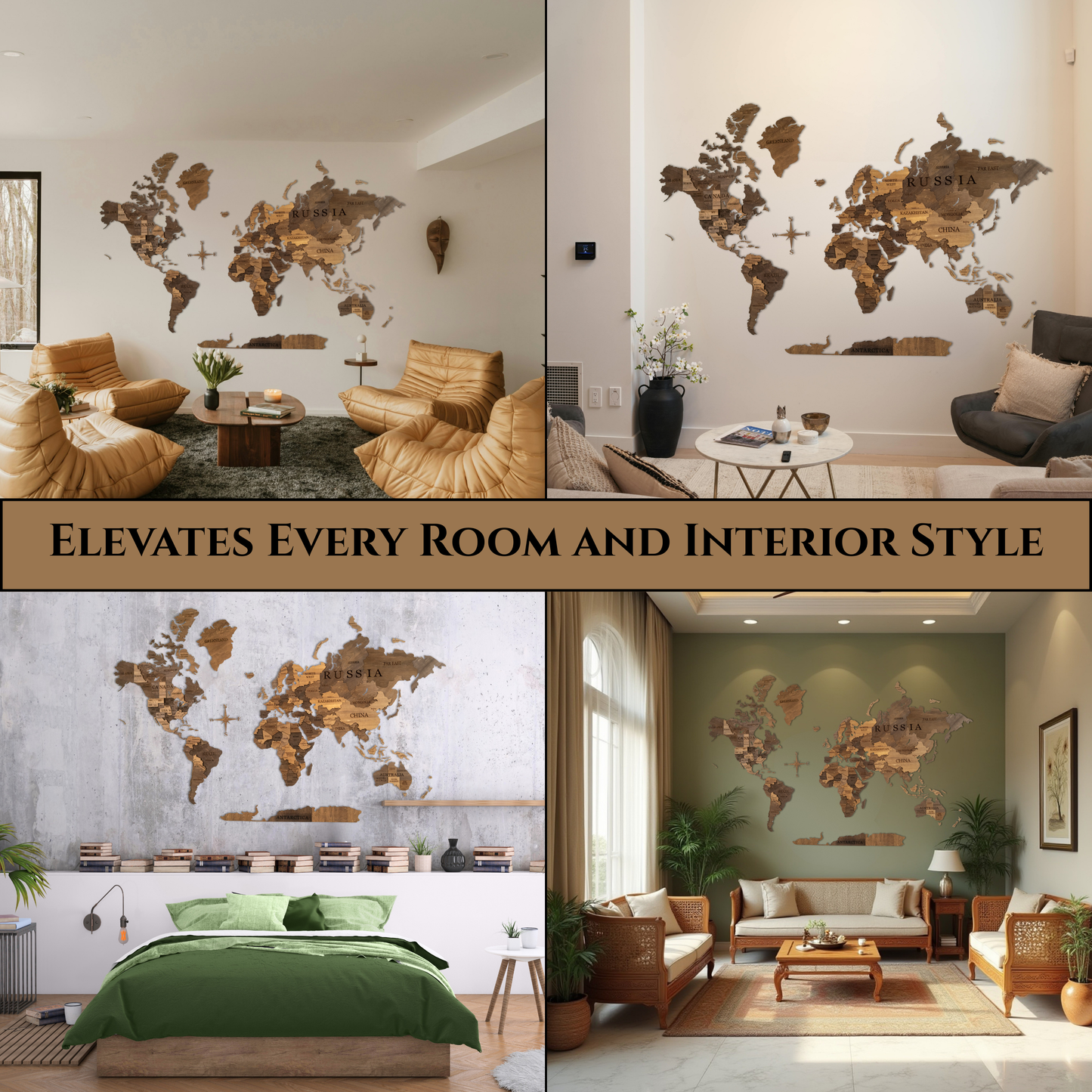English Oak Multicolor 3D World Map (English Oak tones)