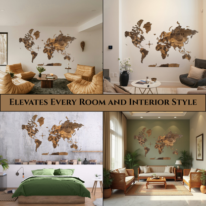 English Oak Multicolor 3D World Map (English Oak tones)