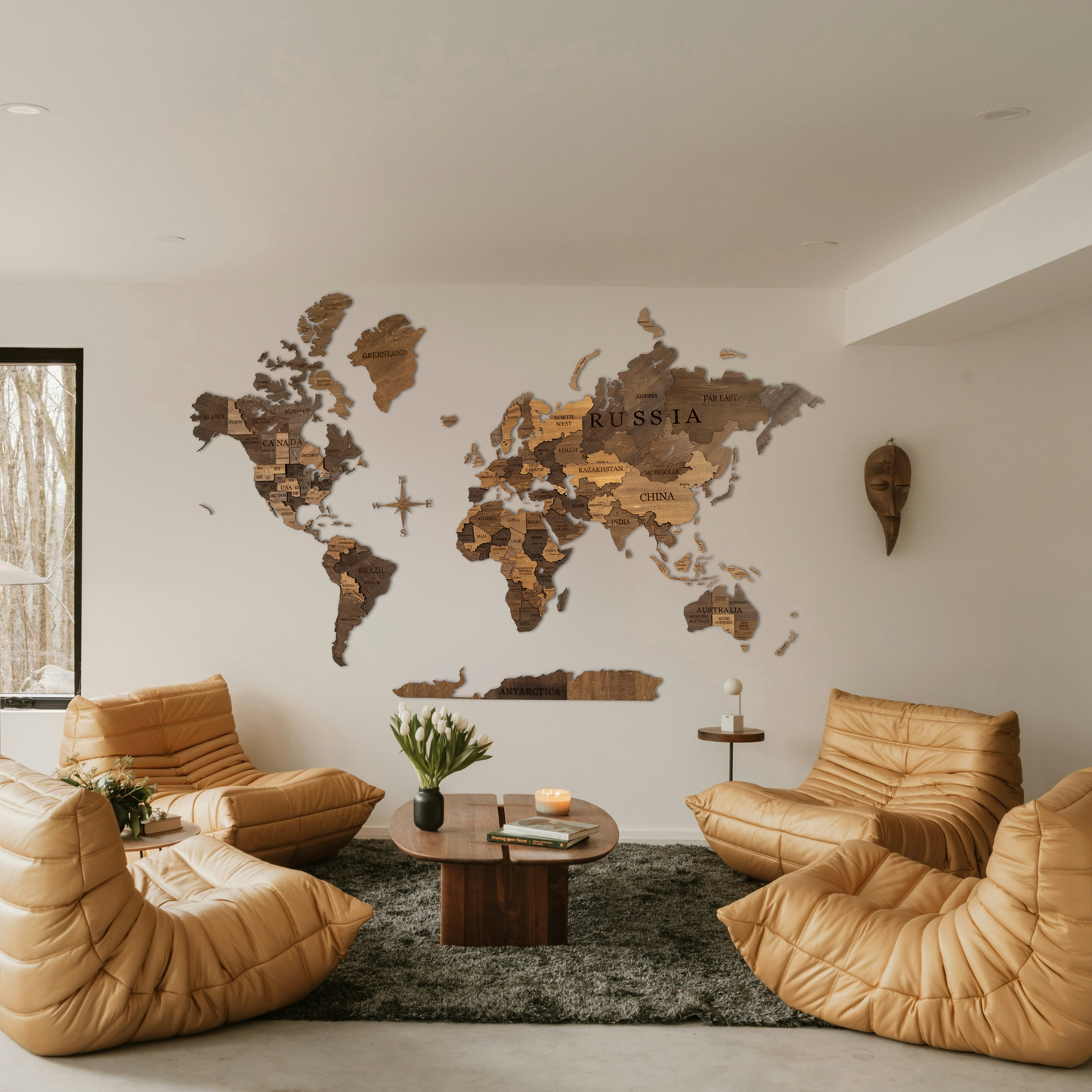 English Oak Multicolor 3D World Map (English Oak tones)