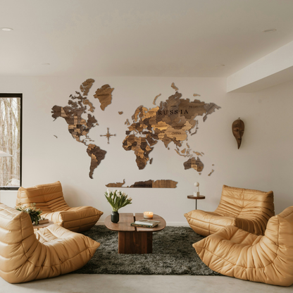 English Oak Multicolor 3D World Map (English Oak tones)