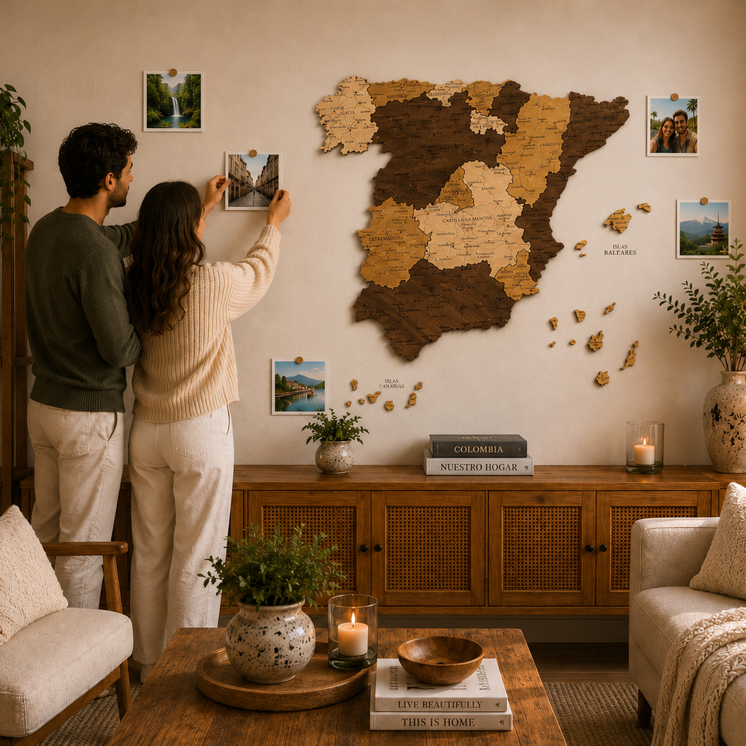 Couple in a living room with a decorative map of Spain on the wall.