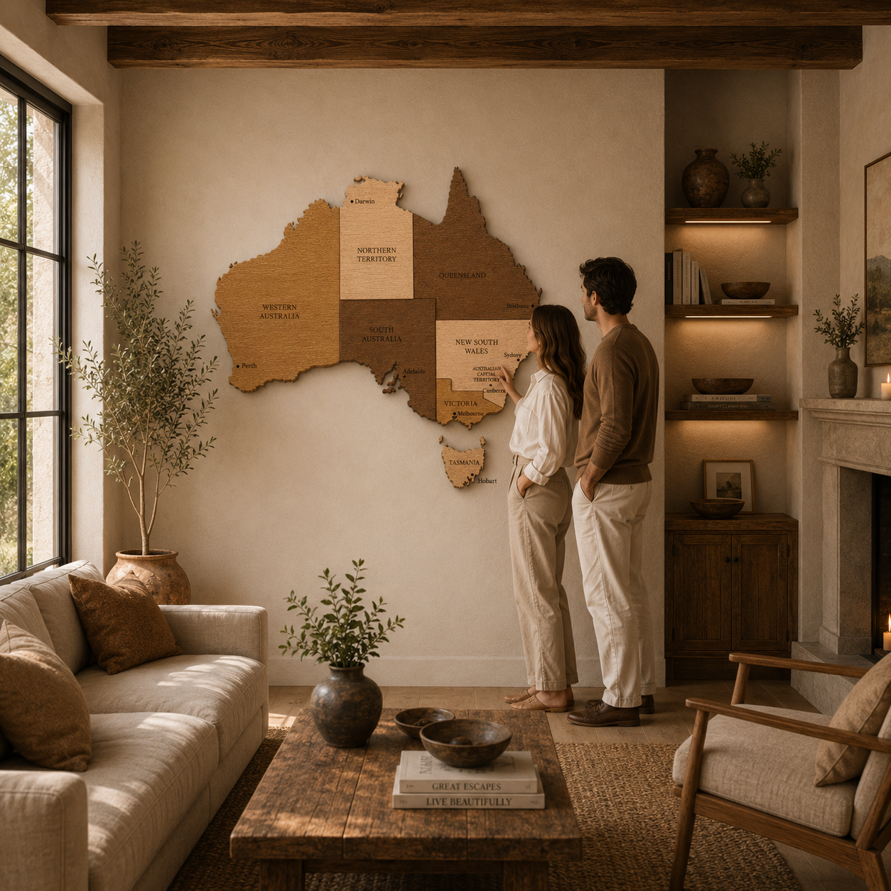 Couple standing in a living room looking at a large wooden map of Australia on the wall.