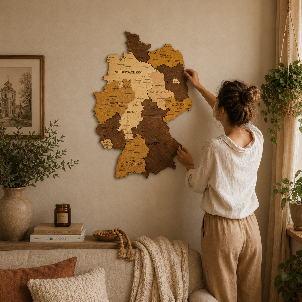 Woman adjusting a wooden map of Germany on a wall in a cozy living room.