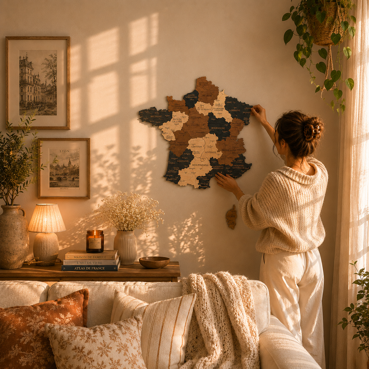Woman arranging a wooden map of France on a wall in a cozy living room.
