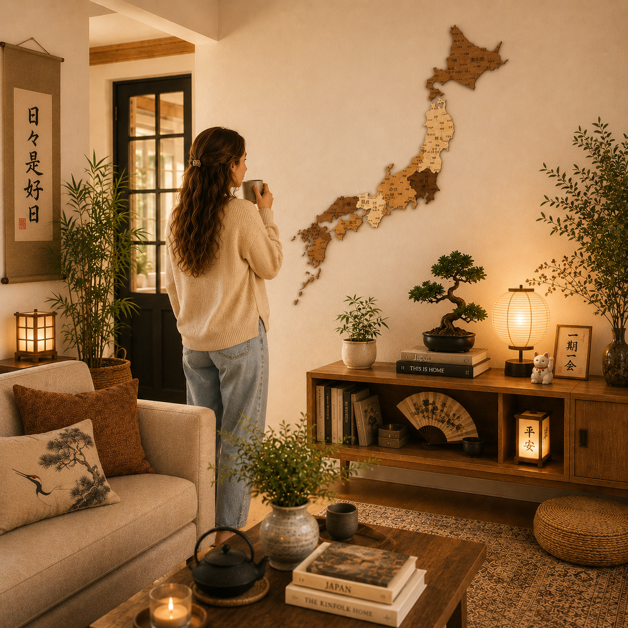 Woman in a cozy living room with a wooden map of Japan on the wall.