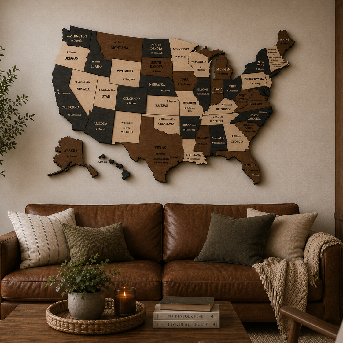 Wooden map of the United States on a wall above a brown leather sofa in a living room.