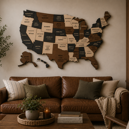 Wooden map of the United States on a wall above a brown leather sofa in a living room.