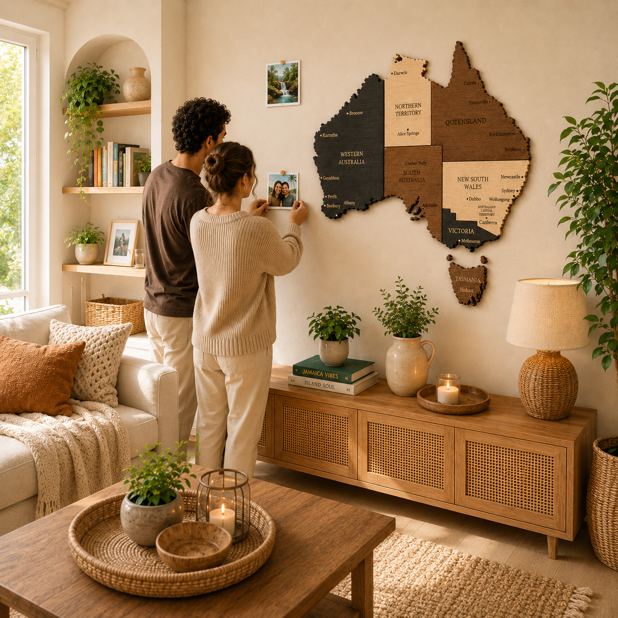 Couple in a living room with a wall-mounted map of Australia, holding a photo.