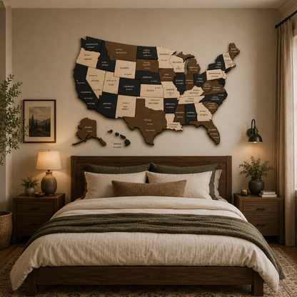 Bedroom with a large wall map of the United States, wooden bed, and nightstands.