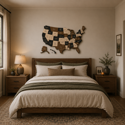 Bedroom with wooden map of the United States on the wall