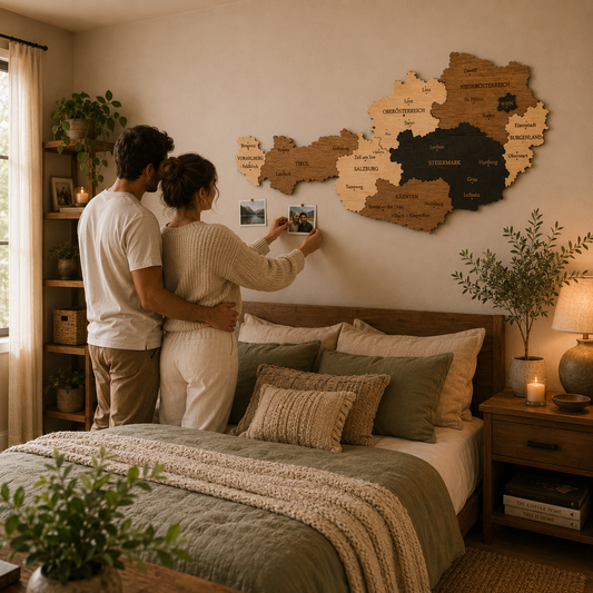 Couple taking a photo of a wooden map of Austria on the wall in a bedroom.
