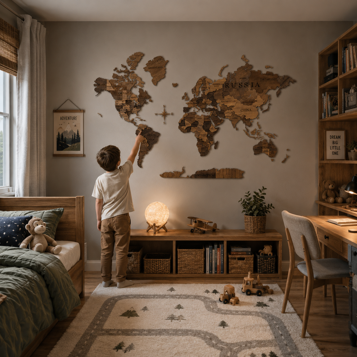 English Oak Multicolor 3D World Map (English Oak tones)