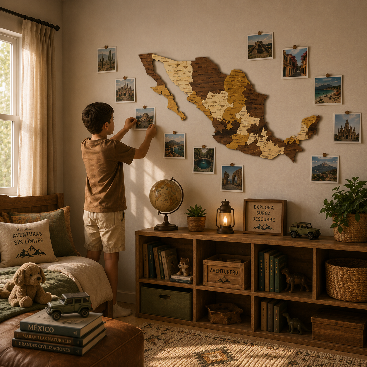 Child arranging photos on a wooden map of Mexico in a cozy bedroom.