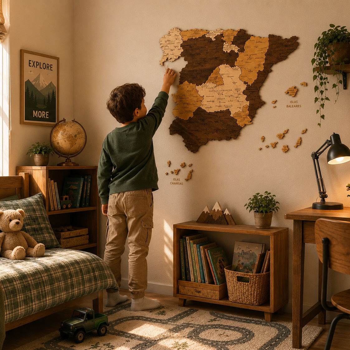 Child assembling a wooden puzzle of a spain map in a cozy room with books and decor.