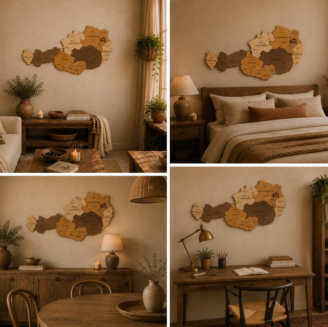 Collage of a bedroom with wooden wall map of Austria, bed, and living room setup.