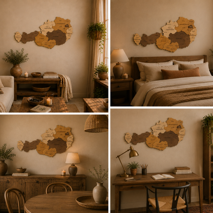 Collage of a bedroom with wooden wall map of Austria, bed, and living room setup.