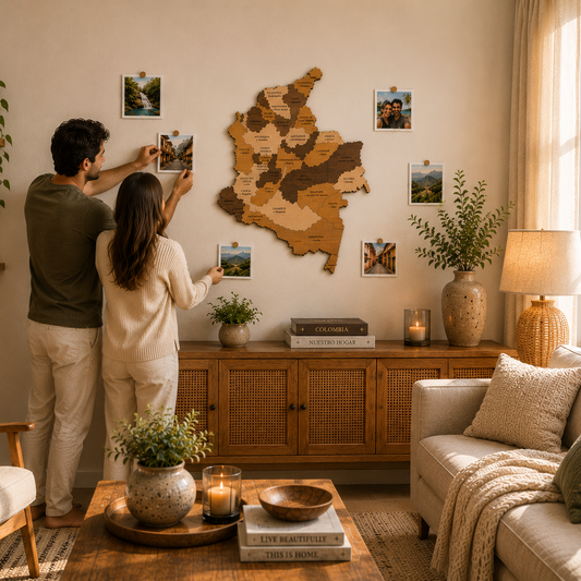 Couple hanging a wooden map of netherlands on a wall in a cozy living room.
