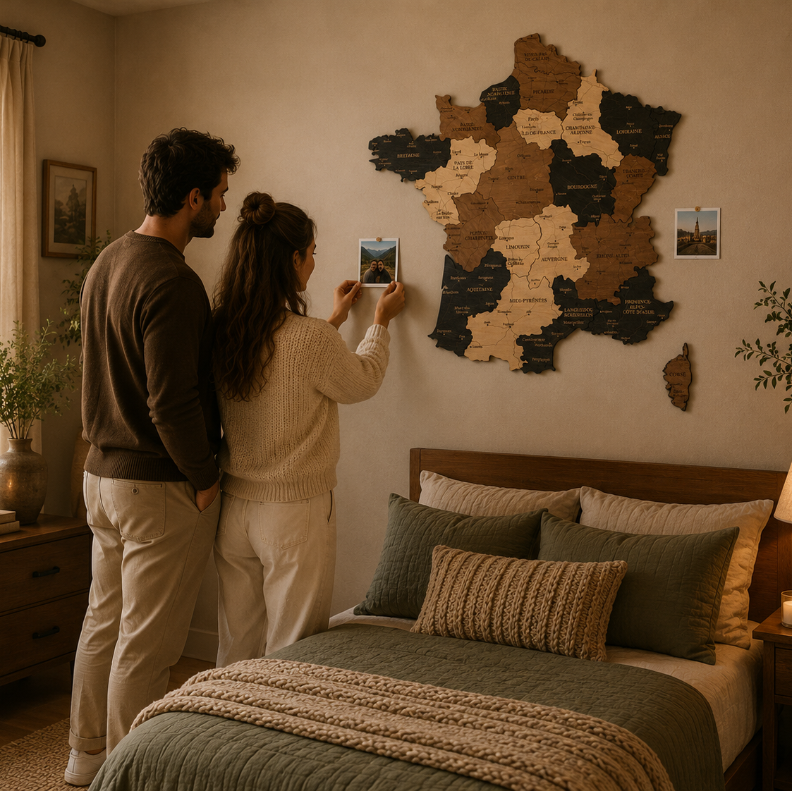 Couple in a bedroom looking at a map on a wall