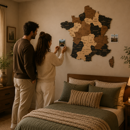 Couple in a bedroom looking at a map on a wall