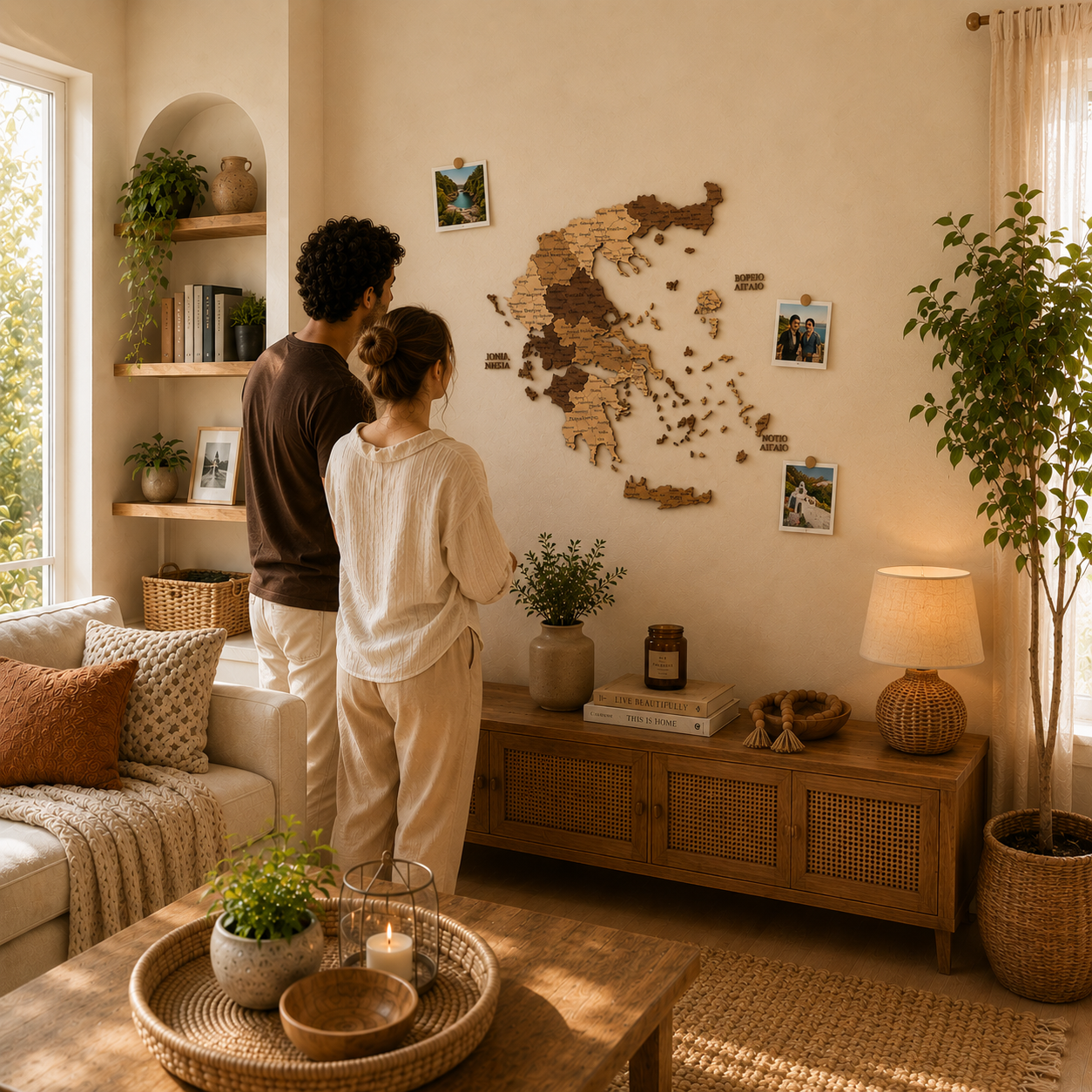 Couple in a cozy living room looking at a world map on the wall.