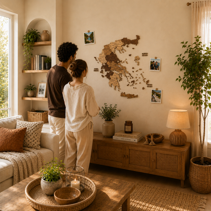 Couple in a cozy living room looking at a world map on the wall.