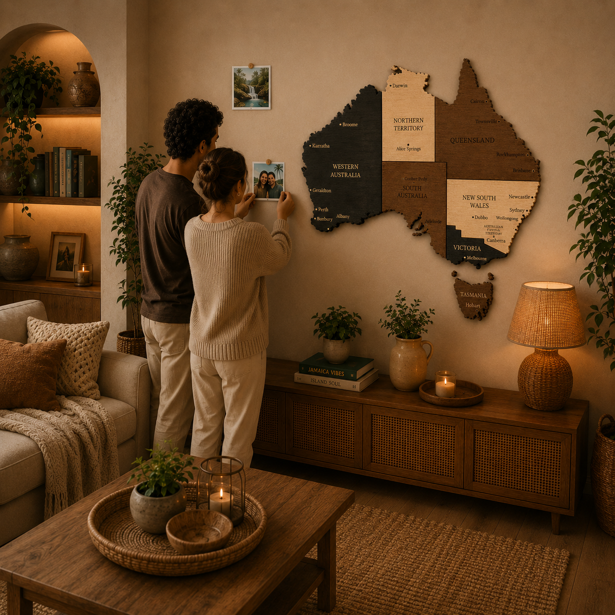 Couple in a cozy living room with a wall map of Australia.