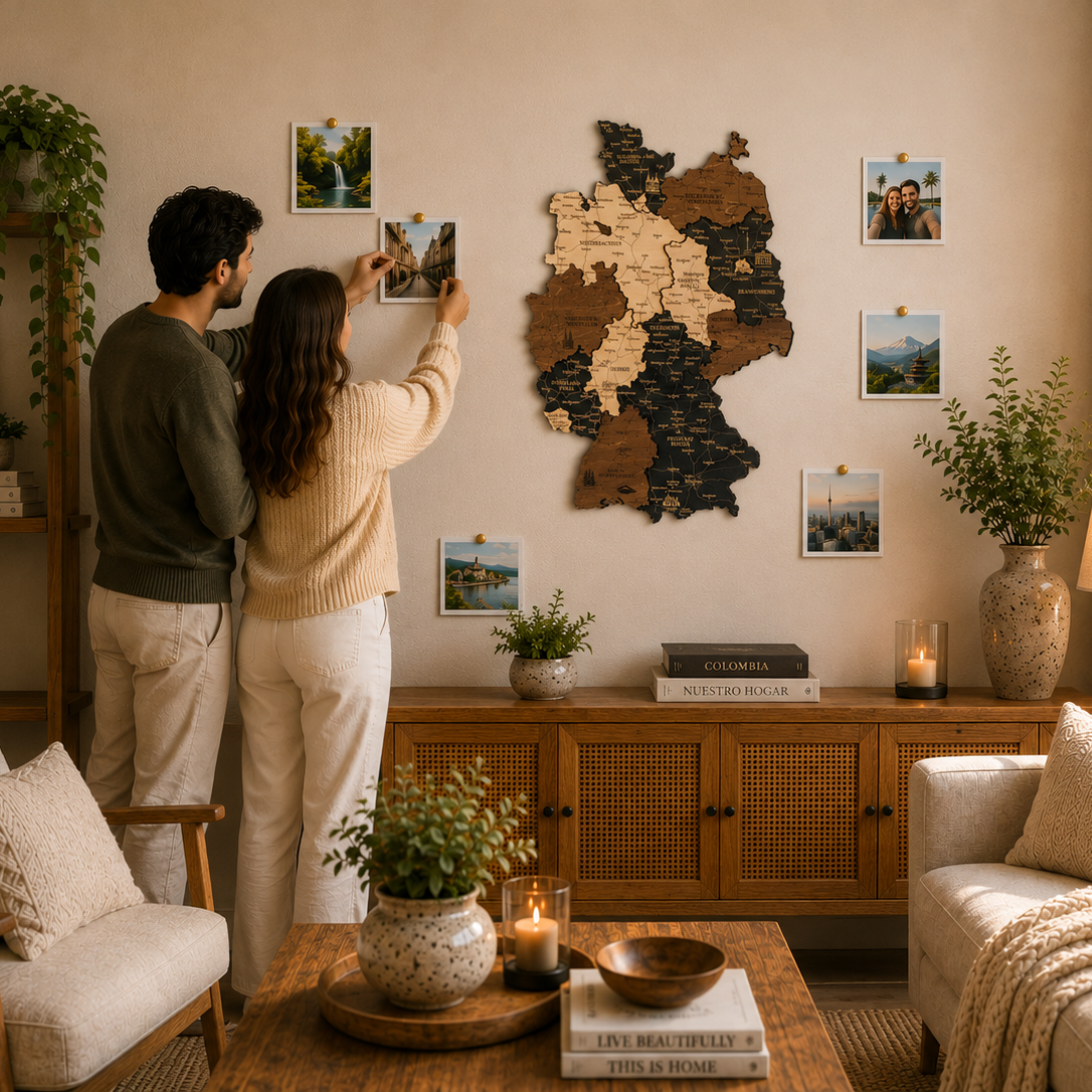 Couple in a living room arranging photos on a 3D wall map of Germany.